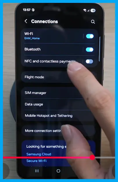 Android Connections screen showing the NFC and contactless payments option