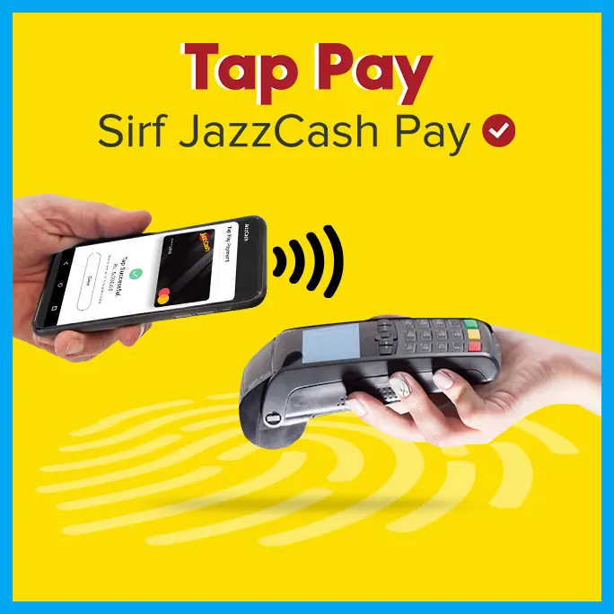 Official JazzCash Tap Pay image showing a phone tapping on a payment terminal