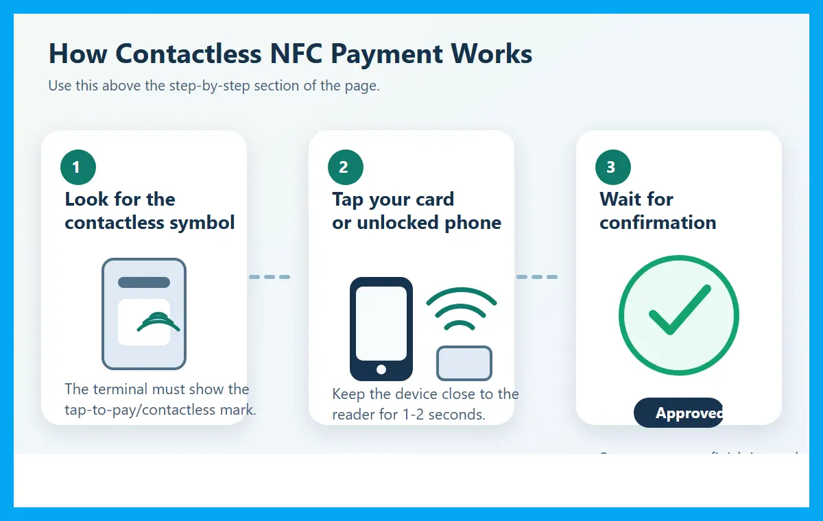 Three-step diagram showing how contactless NFC payment works at a POS terminal in Pakistan