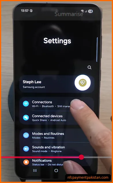 Android settings menu showing connections path before Google Wallet configuration
