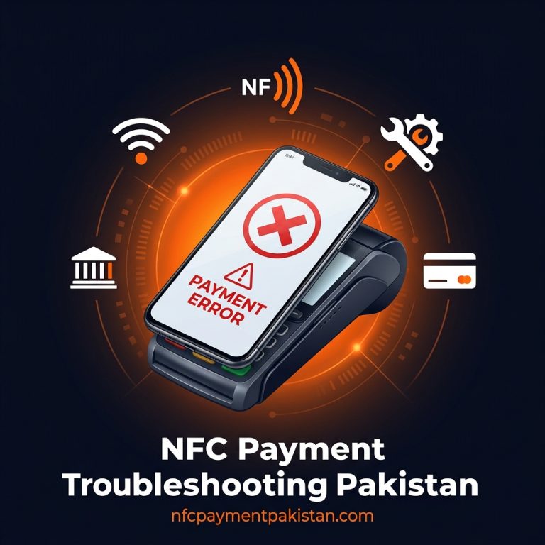 Troubleshooting NFC Payments in Pakistan: Tap & Pay Fixes 3 Android phone showing NFC payment error at POS terminal with troubleshooting checklist Pakistan